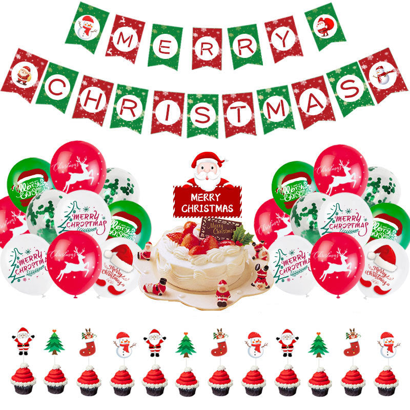 Christmas Theme Father Christmas Snowman Christmas Tree Flag Banner Balloon Cake Insert Row Decoration Set